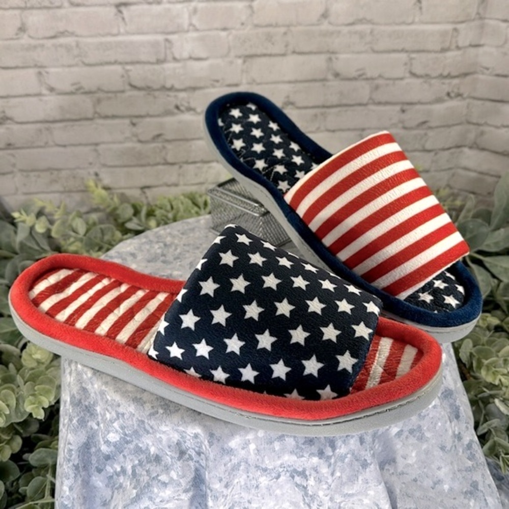 🇺🇸Stars & Stripes Patriotic Themed Open Toe One Band Comfy Slippers WMS 12/13
